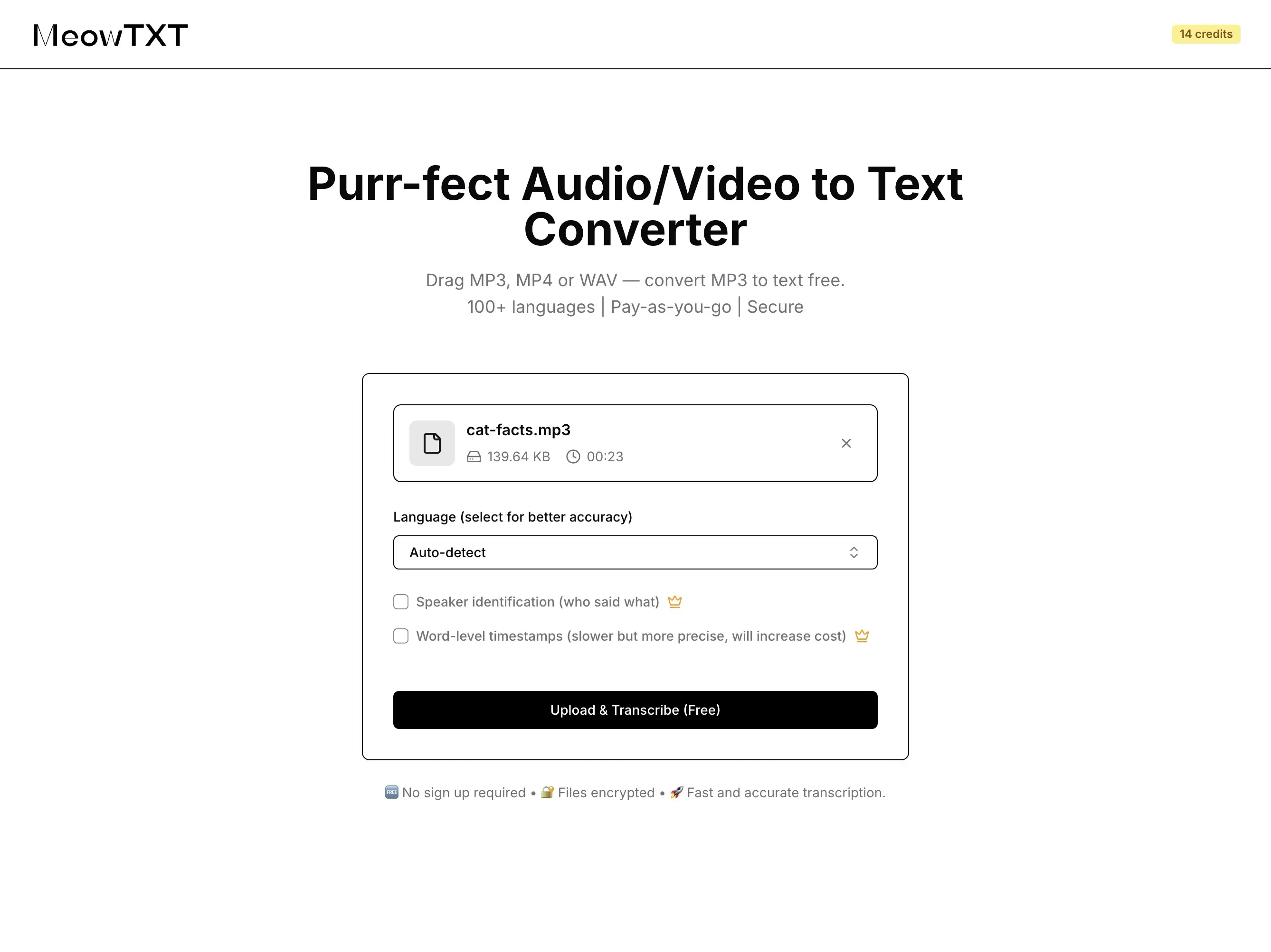 MeowTXT transcription software screenshot